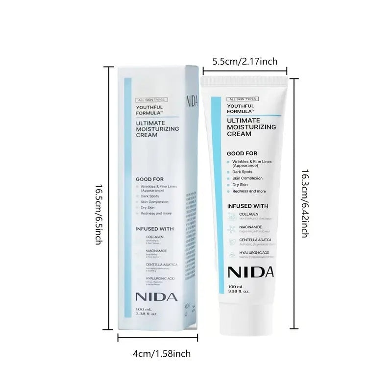 NIDA Moisturizing Cream with Collagen | Contains Hyaluronic Acid and Glycerin | Light Texture, Easy to Absorb, Non-Greasy | Gentle Hydration for All Skin Types, Brightens Complexion
