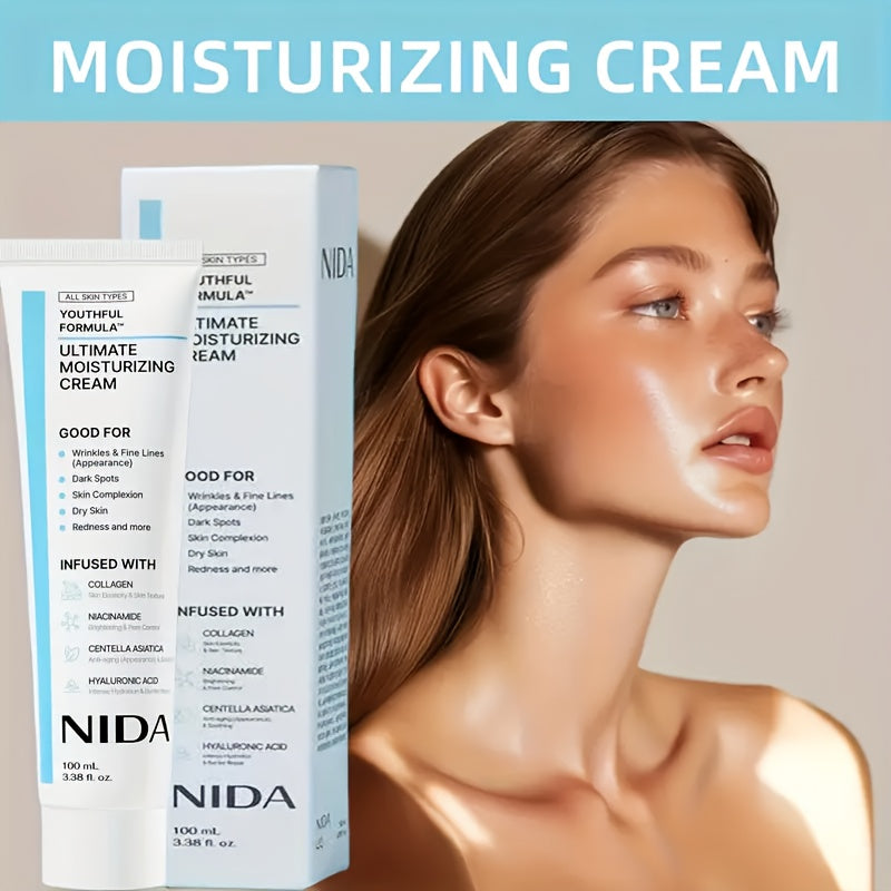 NIDA Moisturizing Cream with Collagen | Contains Hyaluronic Acid and Glycerin | Light Texture, Easy to Absorb, Non-Greasy | Gentle Hydration for All Skin Types, Brightens Complexion