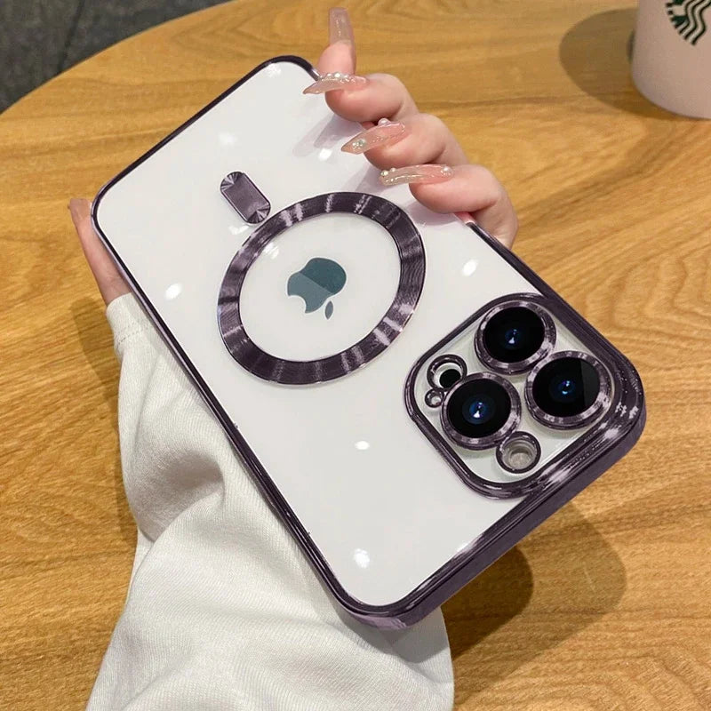 Luxury Wireless Charge Magsafe Phone Case For iPhone 15 14 13 12 11 16 17 Pro Max Plus Air Transparent Magnetic Bumper Cover