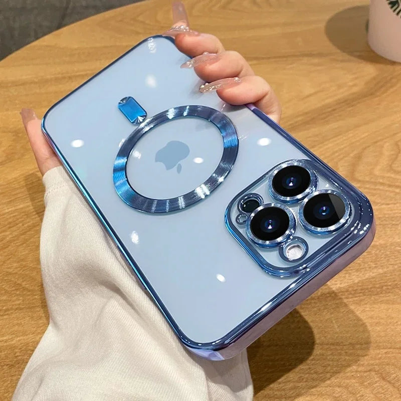 Luxury Wireless Charge Magsafe Phone Case For iPhone 15 14 13 12 11 16 17 Pro Max Plus Air Transparent Magnetic Bumper Cover