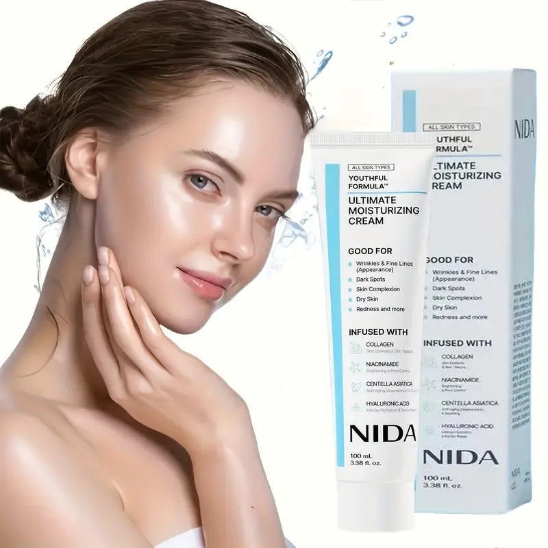 NIDA Moisturizing Cream with Collagen | Contains Hyaluronic Acid and Glycerin | Light Texture, Easy to Absorb, Non-Greasy | Gentle Hydration for All Skin Types, Brightens Complexion